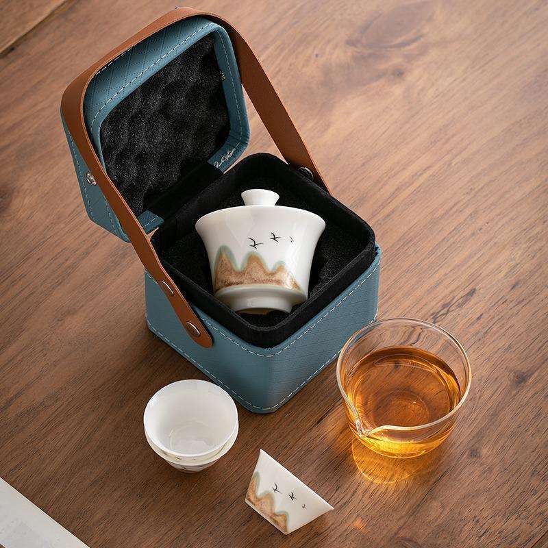 远山旅行茶具快客杯羊脂玉瓷便携式盖碗茶杯户外轻奢旅游小套组