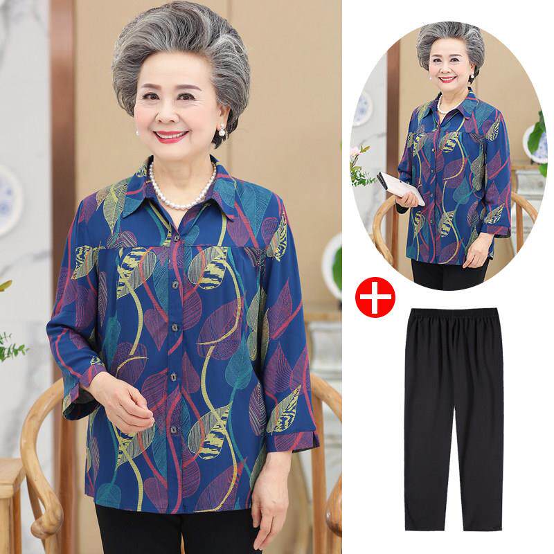 老年人薄款衬衫女妈妈太太夏装中长袖上衣服70岁80多奶奶衬衫套装