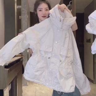 韩国连帽休闲冲锋衣外套女2025年春秋季新款宽松夹棉韩版工装风衣