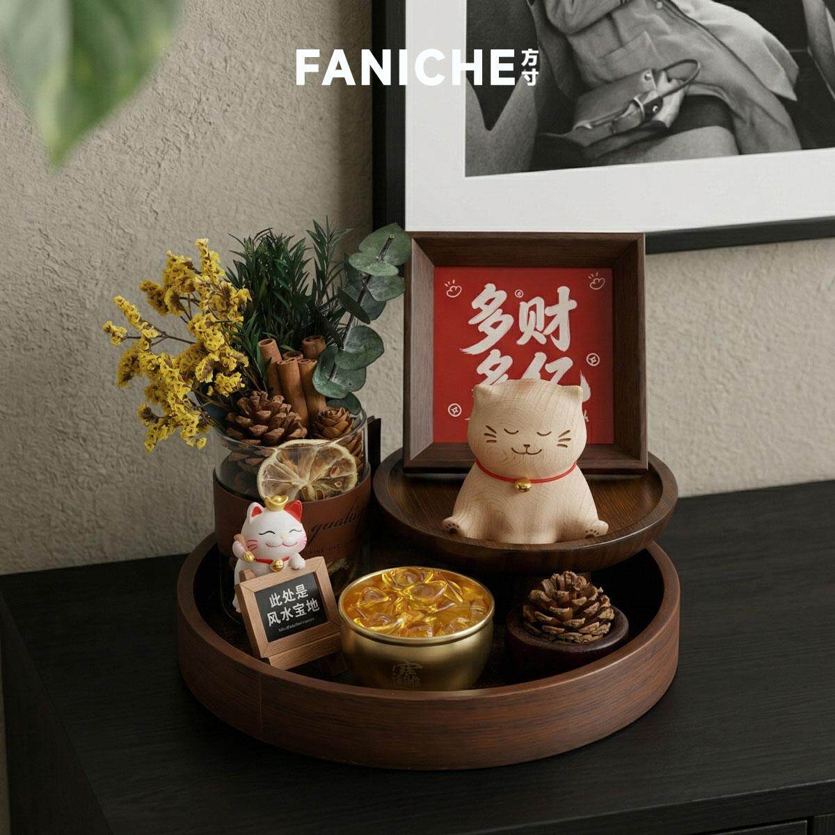 FANICHE2026榉木招财猫家居玄关桌面工艺品装饰摆件套组朋友送礼