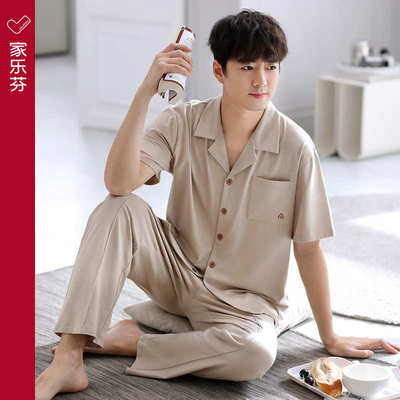 睡衣男士夏季100%纯棉短袖长裤家居服男款夏款夏天薄款大码套装