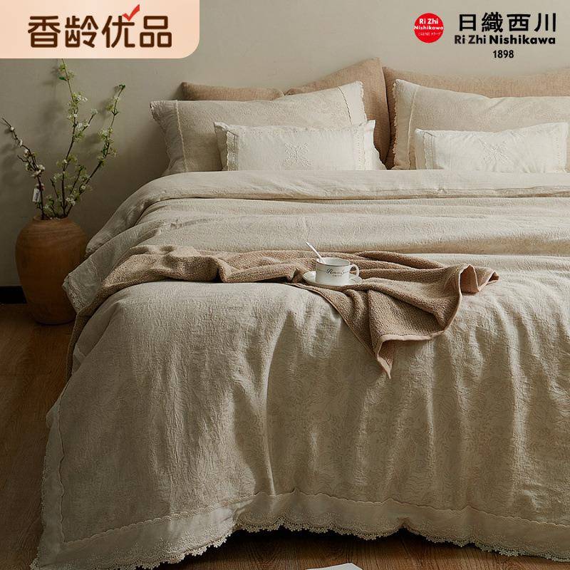 【香龄优品】法式复古风棉麻色织提花蕾丝花边四件套床单被套床品