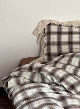 复古英伦格花子法式全双45285层纱床单棉印花四件布套蕾丝边格子