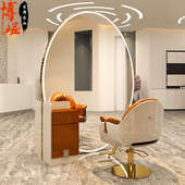 网红落地大圆镜理发店镜台发廊专用带灯烫染剪发镜双面镜子美发店