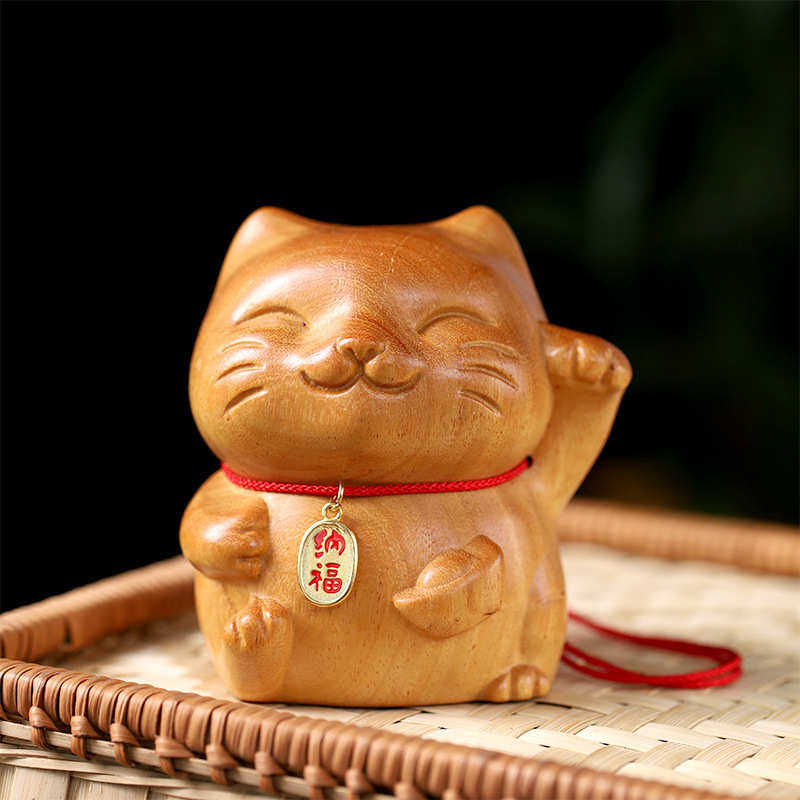 创意卡通招财猫檀香木摆件 客厅桌面家居装饰 实木雕刻工艺品批发