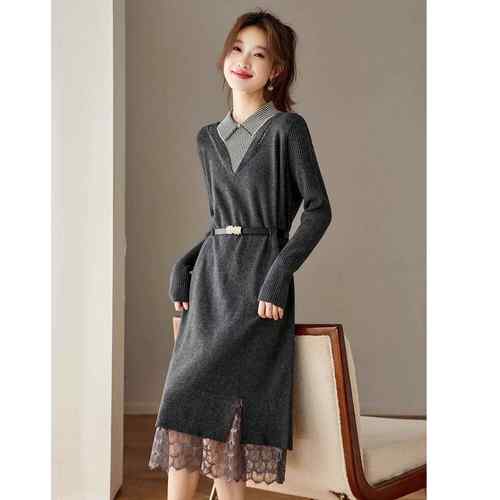 假两件小翻领针织连衣裙秋冬2025新款气质中长款内搭蕾丝边毛衣裙