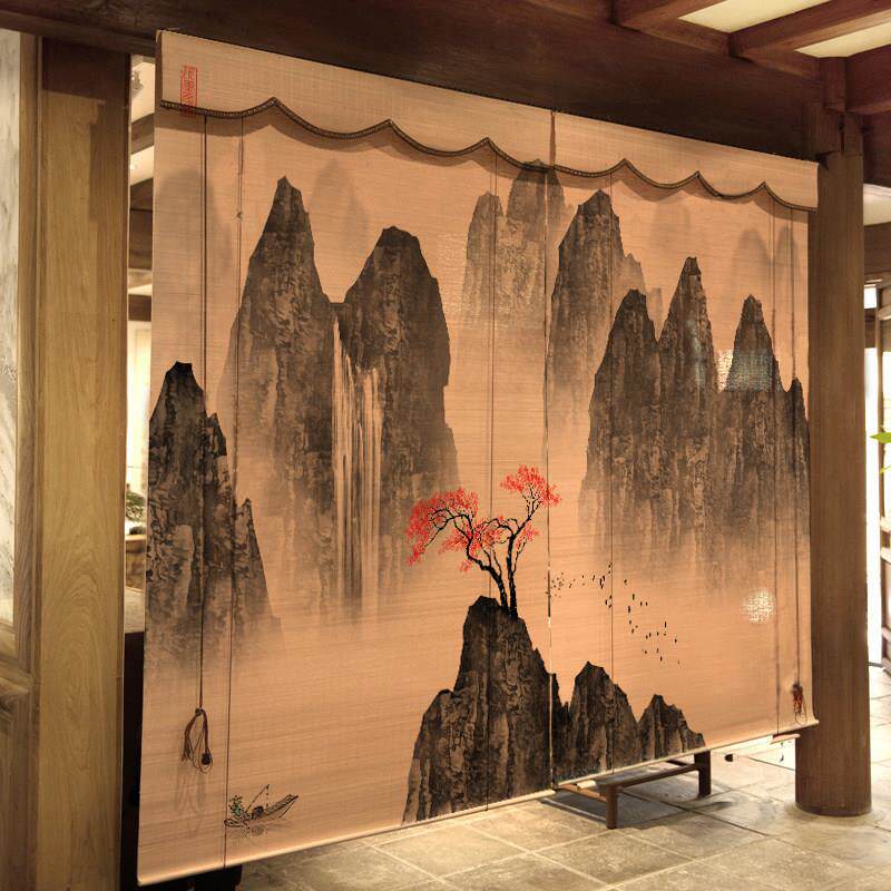 竹帘卷帘中式复古印花卷帘山水窗帘茶室装饰挂画遮阳隔断禅意门帘
