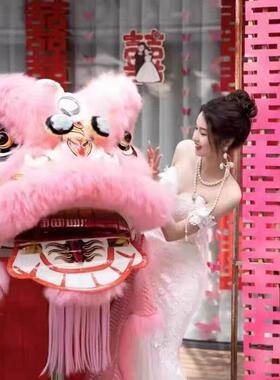国潮舞狮道具澳洲羊毛粉色醒狮婚房婚礼布置拍照专用南狮社火道具