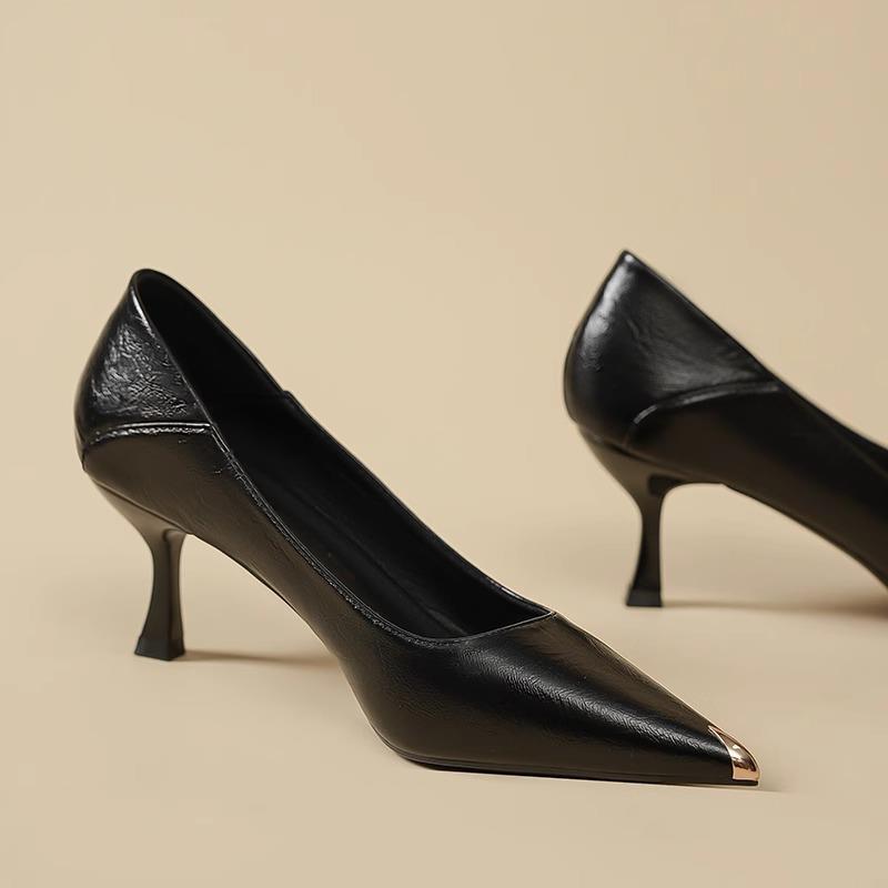 米兰【设计师】⭐跟高4-6CM/职业高级感细跟软皮金属头高跟鞋女