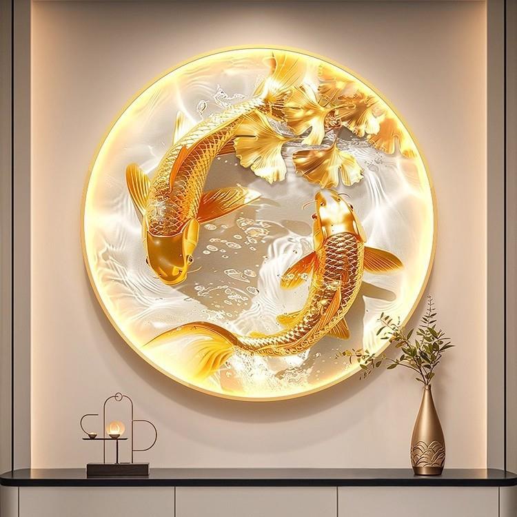 金色锦鲤玄关装饰画轻奢年年有余入户挂画银杏叶走廊圆形带灯壁画