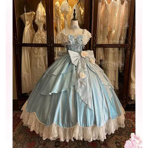 蓝色lolita晚礼服女高端轻奢花嫁学生日成人礼派对年会主持公主裙