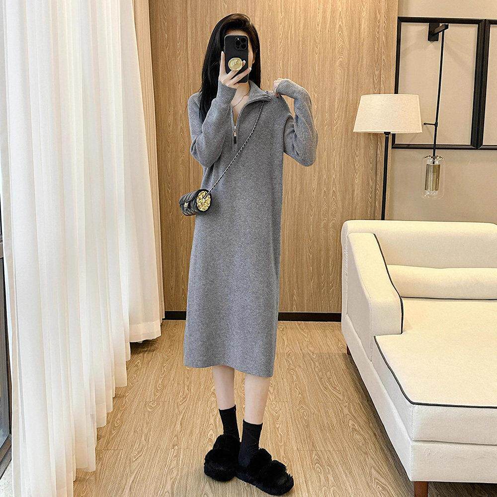 针织高领长袖连衣裙女春秋新款时尚半拉链女士中长款毛衣打底裙子