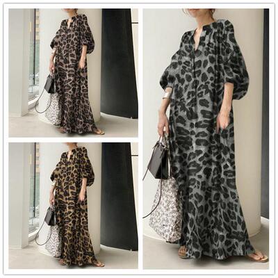 Casual V-Neck 7-Sleeve Lantern Sleeve Leopard Print Loose