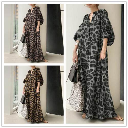 Casual V-Neck 7-Sleeve Lantern Sleeve Leopard Print Loose