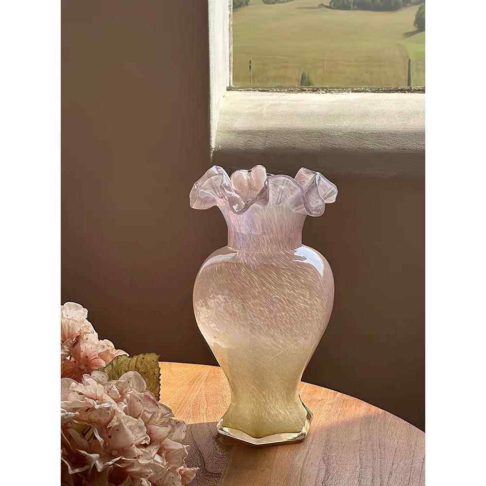 采购产品粉色玻璃花瓶，中世纪玻璃花容器，蝴蝶兰插花，客厅，新