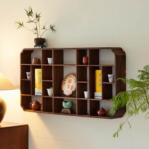 北美黑胡桃木实木挂墙博古架中式茶壶茶壁挂收纳杯置物架多宝格子