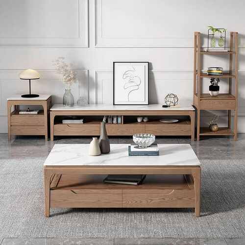 实木岩板茶几客厅家用新中式小户型实木电视柜北欧白蜡木茶几