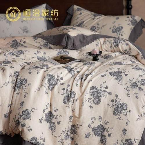 法式复古风全棉皱皱纱四件套花卉数码印花纯棉被套床笠床品粉白色