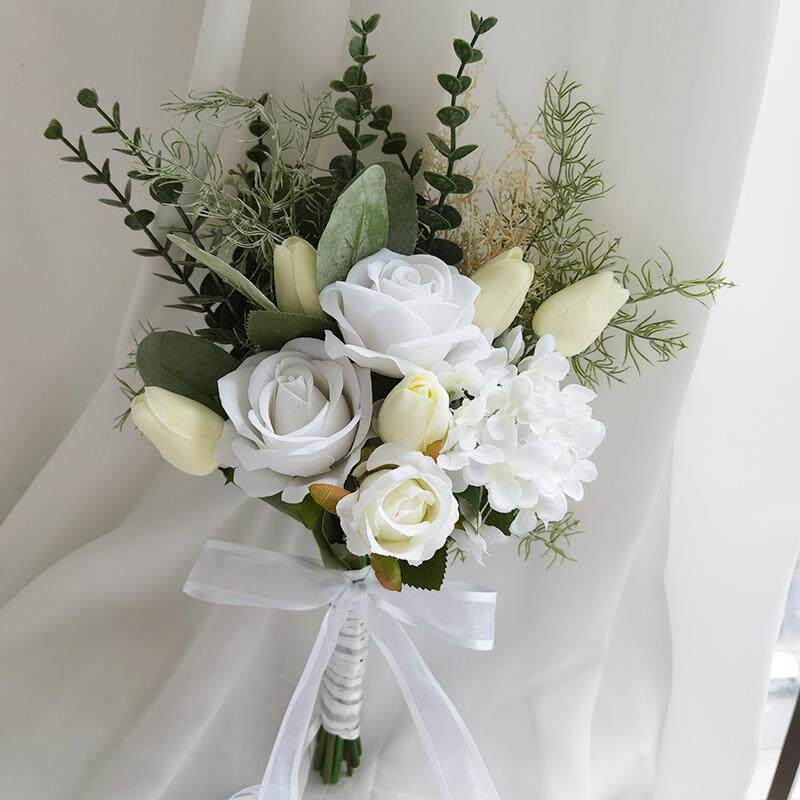 白色郁金香花新娘手捧花婚礼拍照道具绢花家居饰品