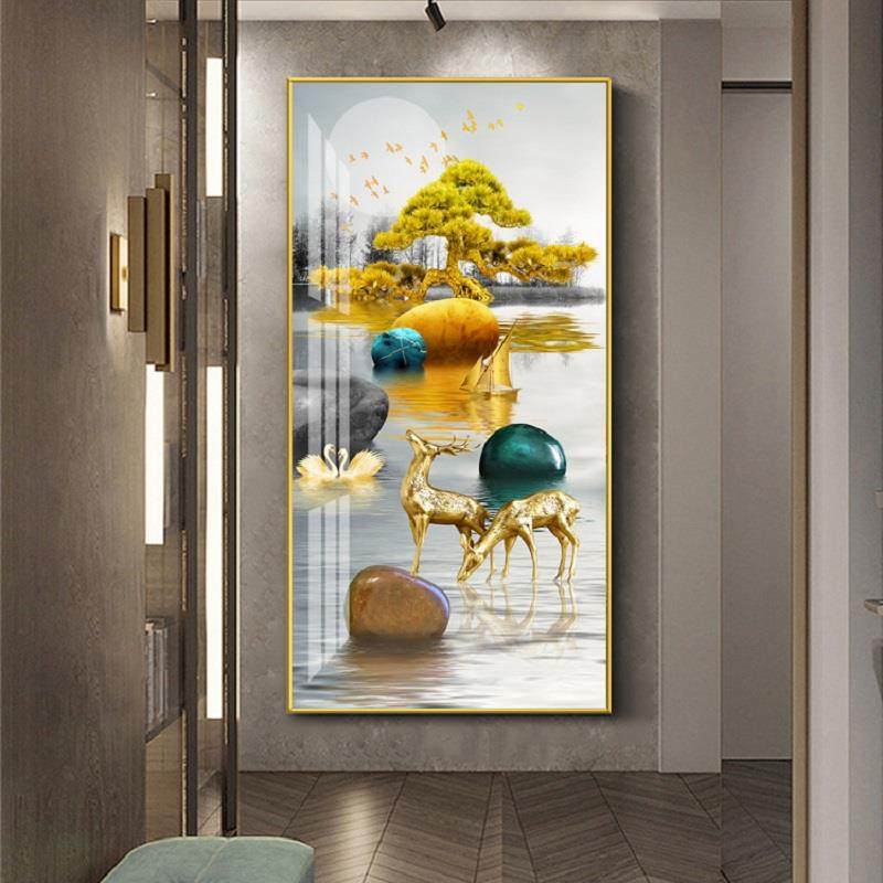 高档入口装饰画现代极简主义瓷过道直走廊挂水晶钻石入口客厅垂背