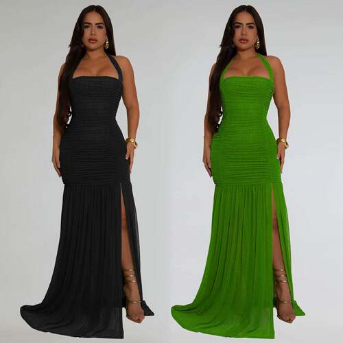 Women's Solid Halter Neck Backless Ruched Slim Fit Knit