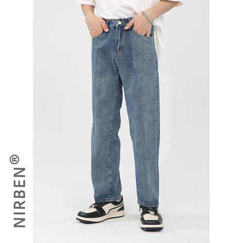 nirben牛仔| 韩版蓝色港风复古牛仔裤男宽松直筒休闲百搭九分裤潮