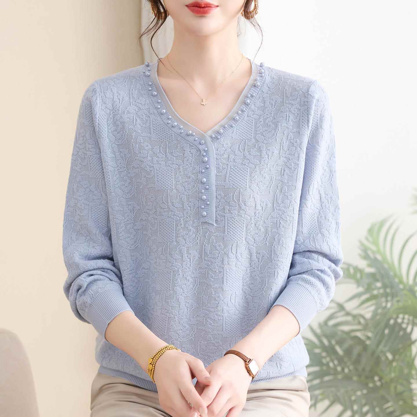 洋气中年妈妈初秋薄款针织衫女桑蚕丝上衣加肥加大码钉珠长袖T恤