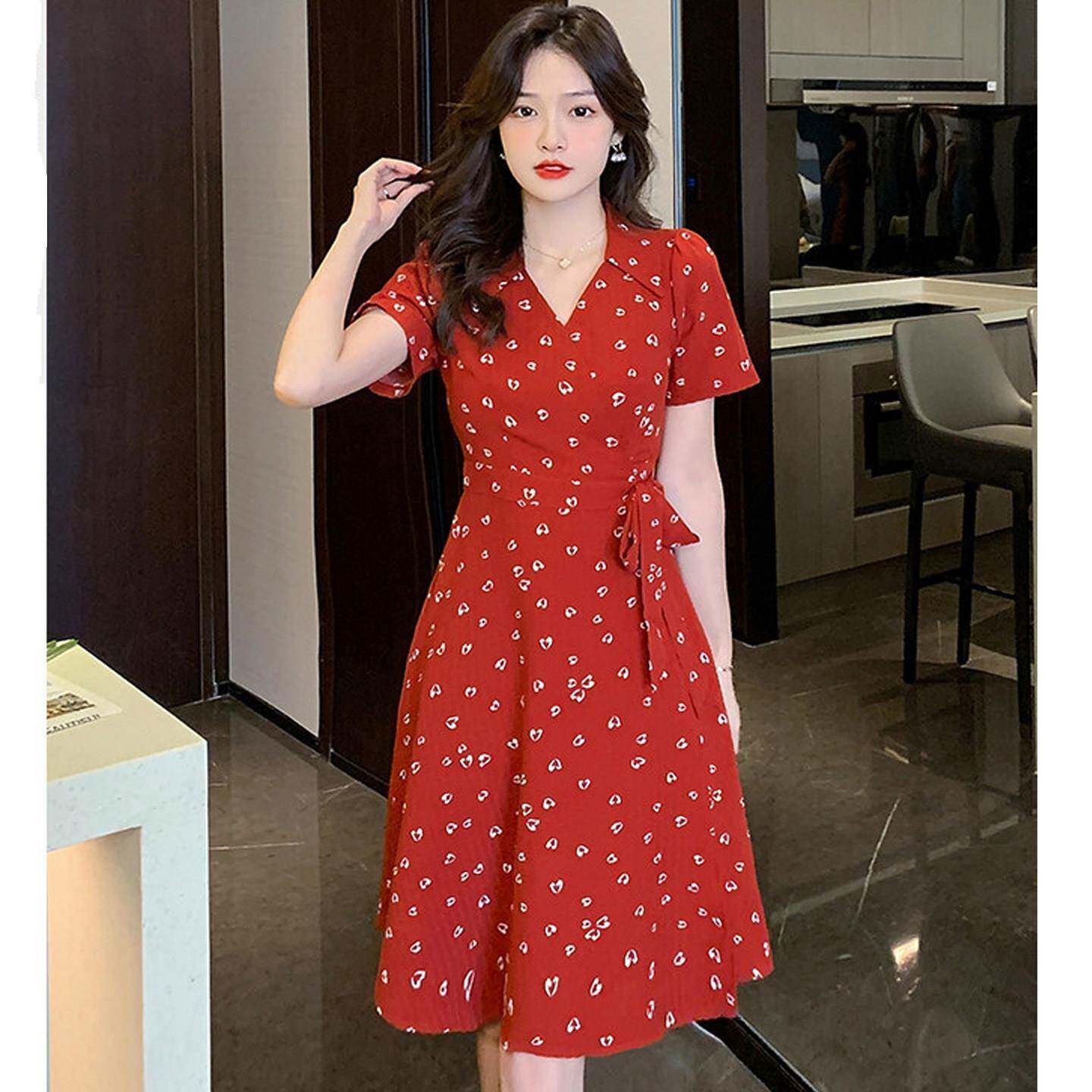 欧洲站女夏季绝美红色V领碎花连衣裙少女高级感年轻遮肚收腰短裙