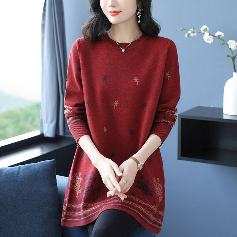 中老年妈妈装圆领毛衣女中长款打底衫绣花羊毛衫宽松大码女A字裙