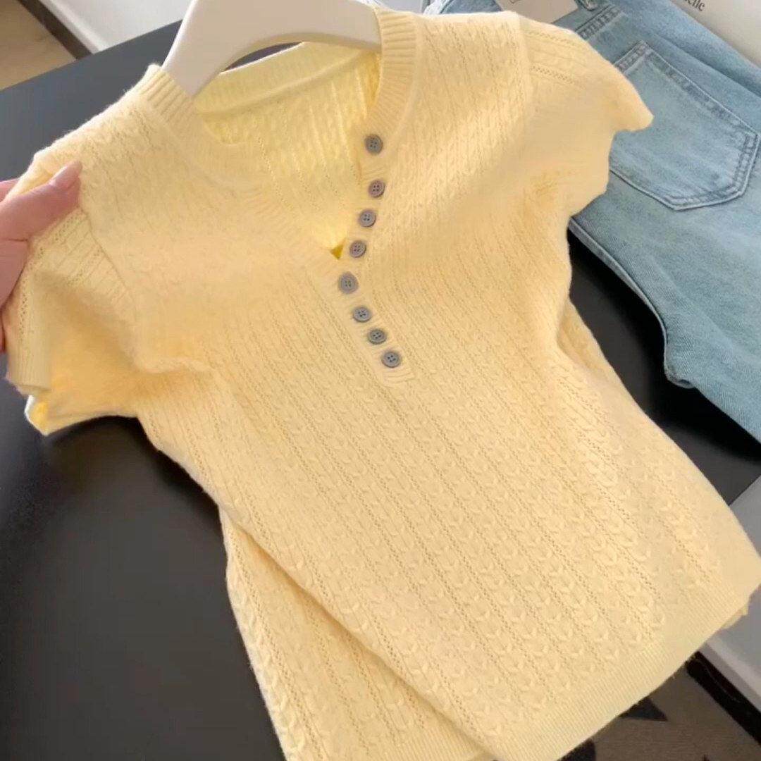 潮牌爆款独特漂亮短款显瘦上衣时尚设计感小众黄色针织t恤女夏季
