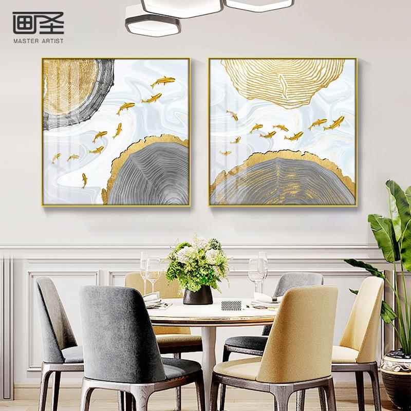 轻奢餐厅装饰画玄关过道挂画正方形壁画进门入户九鱼图墙画招财画