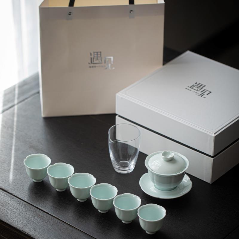 莲花盖碗整套陶瓷茶具套装茶礼简约纯色功夫家用轻奢复古轻奢茶具