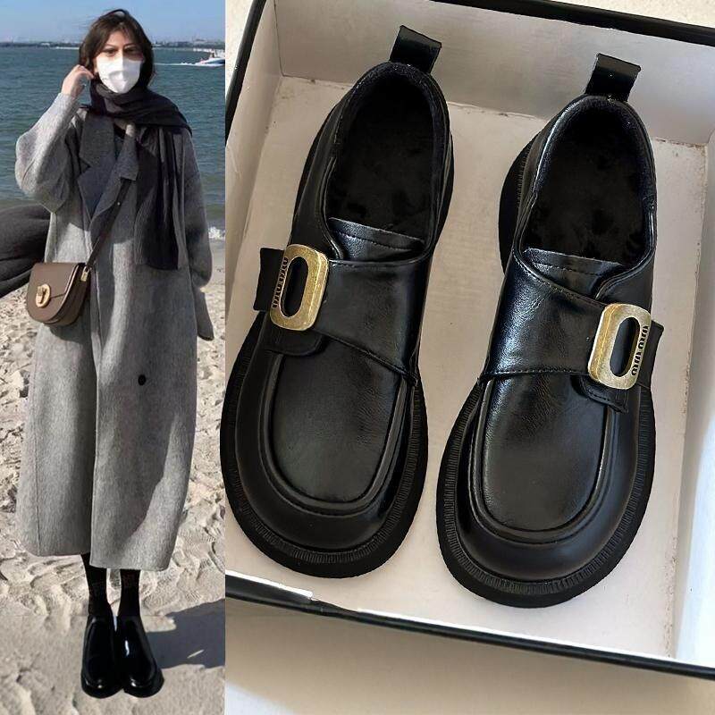 英国真皮厚底乐福鞋子女2025新款秋季英伦风黑色小皮鞋一脚蹬单鞋
