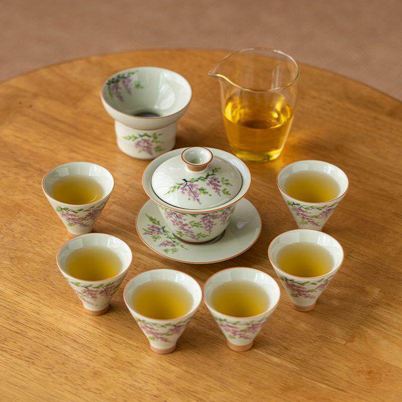 草木灰釉下彩手绘紫藤花盖碗茶具套装家用陶瓷茶盘茶具泡茶套组