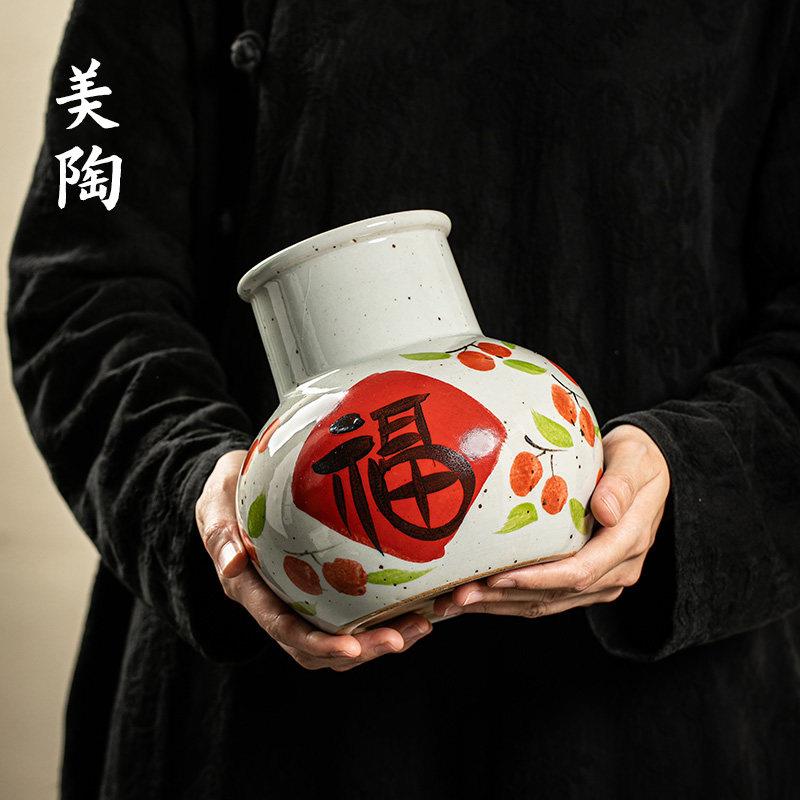 景德镇粗陶双囍福陶瓷花瓶新中式复古新年乔迁送礼结婚送礼插花器