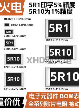5.1R欧 贴片电阻 精度5%/1%网版印刷:5R1/5R10 0603 0805 1206 25