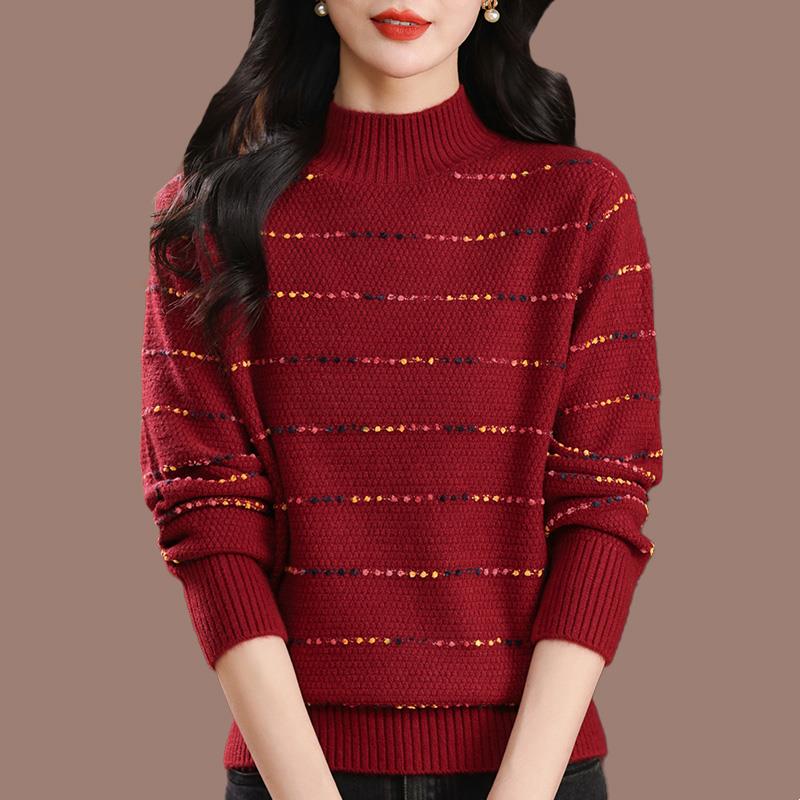 羊毛衫半高领条纹毛衣女秋冬2024新款宽松中年妈妈红色羊毛打底衫