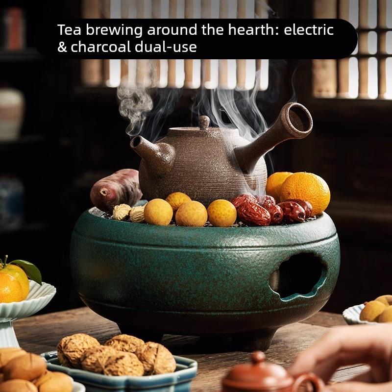 围炉煮茶炉中式覆古陶壶实用室内炭炉炭火茶桌烤炉侧把煮茶壶