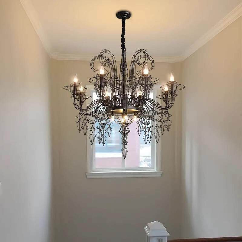 法式复古赫本线条蜡烛客厅吊灯黑色别墅大灯巴洛克楼梯挑空装饰灯