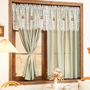 法式浪漫白色蕾丝绿色格子窗帘飘窗厨房韩式清新田园半帘门帘柜帘