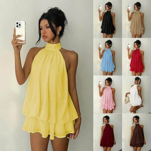 Chiffon Halter Backless Mini Fitted Dress Sexy Solid Beach