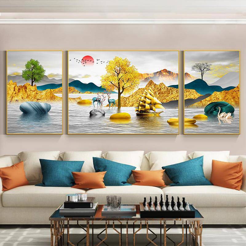 新款客厅三联画现代简约沙发背景墙挂画轻奢大气发财树招财鹿壁画