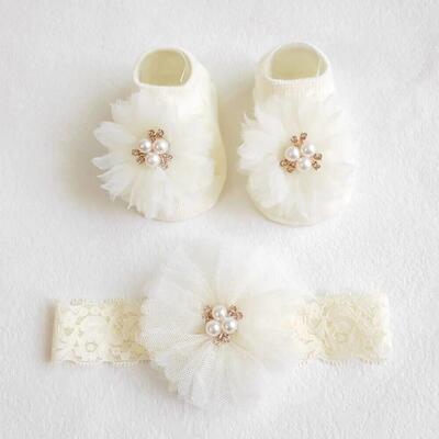 Lovely Pearl Bows Baby Headband Socks Set Non Slip Cotton So