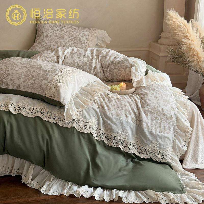 法式碎花少女心双层纱全棉四件套纯棉浪漫蕾丝新款被套床品绿色