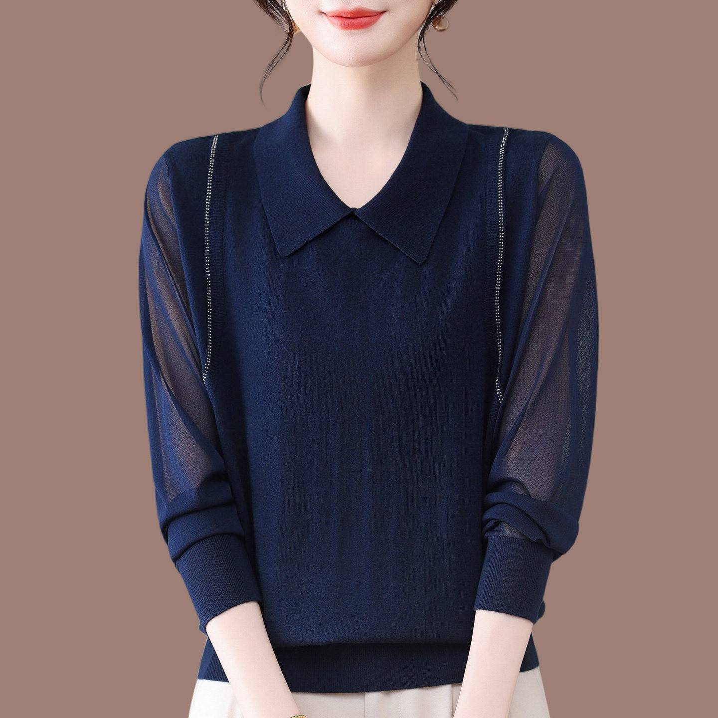 翻领桑蚕丝针织打底衫长袖t恤女春秋薄款中年妈妈装蕾丝纱袖上衣