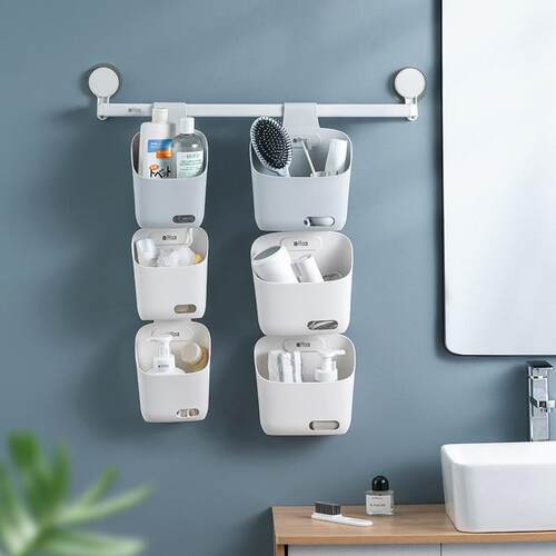 Wall-mounted storage rack with hanging baskets for bathroom