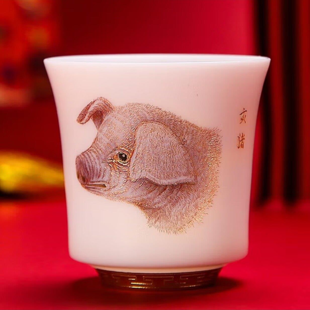 华祥苑德化羊脂白瓷手绘十二生肖杯陶瓷个人品茗杯功夫茶具主人杯