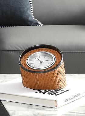 轻奢编织纹皮革钟表座客厅简DS-NZ97视约钟创电意柜摆件时钟静音