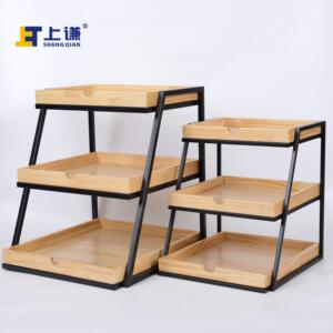 上谦三层松木铁架面 面包蛋糕干 干点水果饮品陈列架超市促销橱窗