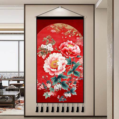 国风牡丹花开 富贵好寓意装饰挂毯新中式中国红喜庆挂布玄关走廊